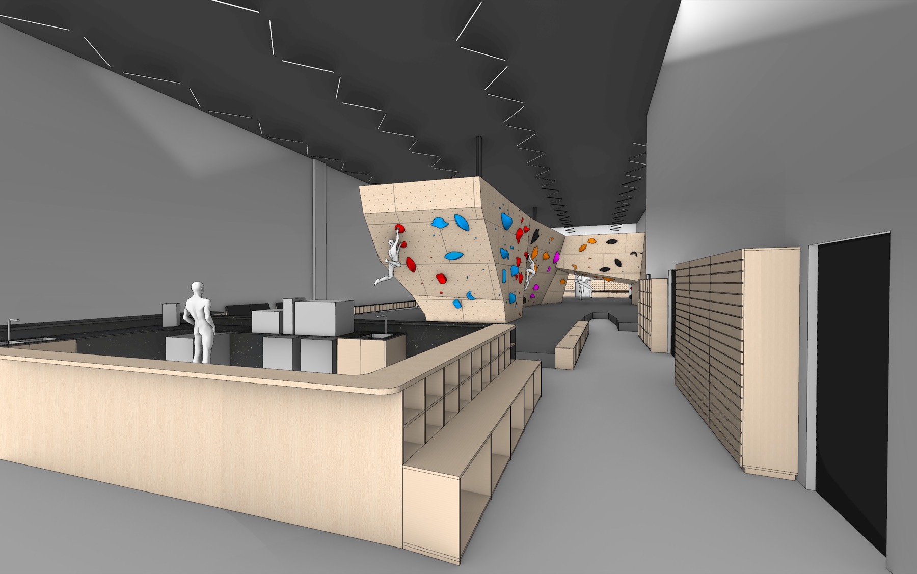 Reception, retail and climbing walls concept